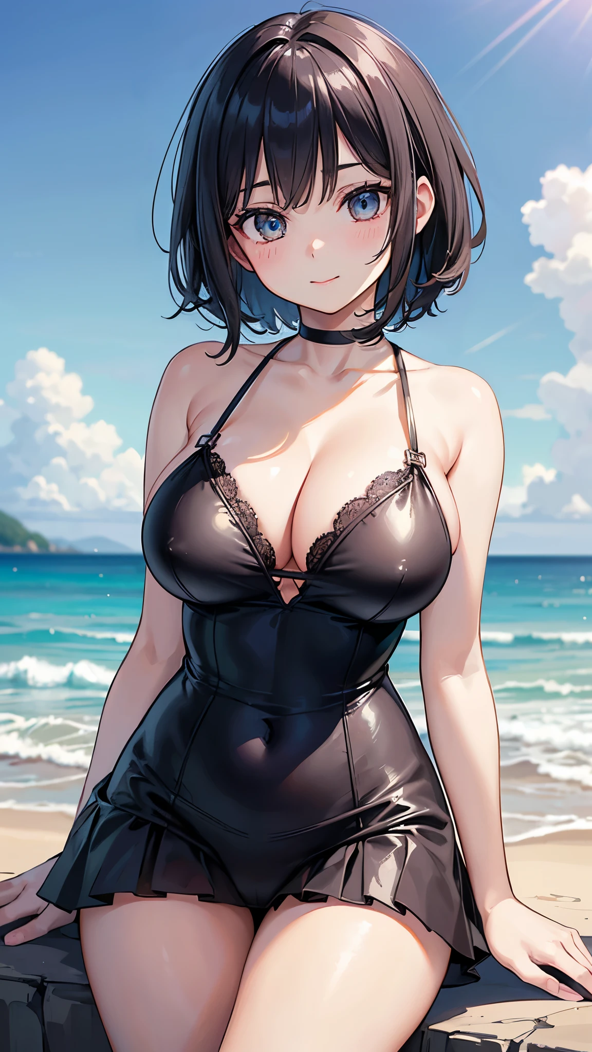 (masterpiece: 1.3、Highest quality、Ultra-high resolution、Very detailed)、(Real、Photorealistic: 1.4)、Beautiful illustrations、Perfect lighting、Natural light、Depth of the Boundary、Beautifully detailed hair、Beautifully detailed face、Beautiful details、Beautiful body、Firm breasts、Beautiful thighs、Beautiful clavicle、Beautiful legs、Beautiful Hands、Show to the viewer、One girl、Very cute 、(Perfect Anatomy、Anatomically correct)、Cute and symmetrical face、、Perfect Face、Perfect Eyes、Shiny skin、Long eyelashes、(Very large and powerful breasts)、(((Big Breasts)))、((Cleavage))、juicy thighs、Attractive thighs)、(Beautiful beaches)、((Sandy Beach、Blurred Beach))、(Cute Smile、Red cheeks)、Cowboy Shots (masterpiece:1.2), (Highest quality:1.2),, Curvy but slender body, Perfect Eyes, Perfect Face, Perfect lighting, 1 girl,(short hair)、(short hair)、(I can see her cleavage)、Curly Hair, Quality clothing, Detailed outdoor background, Compensate, eye shadow, Thick eyelashes,Looking at the audience、blue sky、Bright and beautiful face、若くて光沢のある白いShiny skin、The ultimate beauty、The most beautiful black hair in the world、Thin Hair、Shiny beautiful bangs、Big, bright black eyes、Seated Girl、(((Cowboy shot from below)))