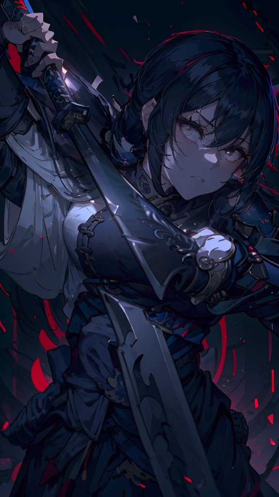 Close-up of a person holding a sword in a dark room, she is holding a knife sword, knife, unsheathing her knife, Works inspired by Kano Hogai, Maid, dramatic wielding knife pose, knife zero, Very beautiful cyberpunk samurai, 薙knifeを持ったキツネの野武士, With a big sword

