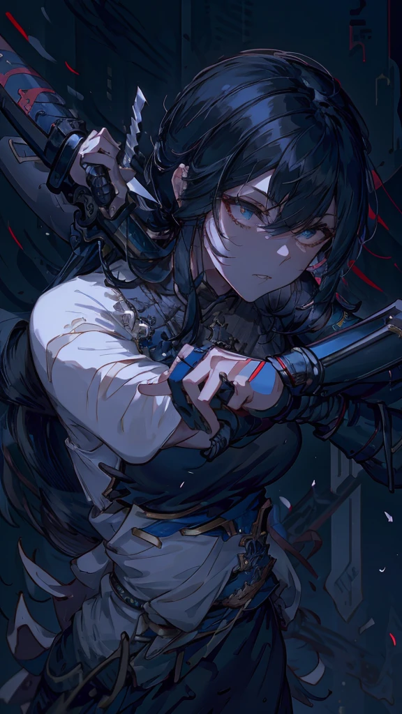 Close-up of a person holding a sword in a dark room, she is holding a knife sword, knife, unsheathing her knife, Works inspired by Kano Hogai, Maid, dramatic wielding knife pose, knife zero, Very beautiful cyberpunk samurai, 薙knifeを持ったキツネの野武士, With a big sword