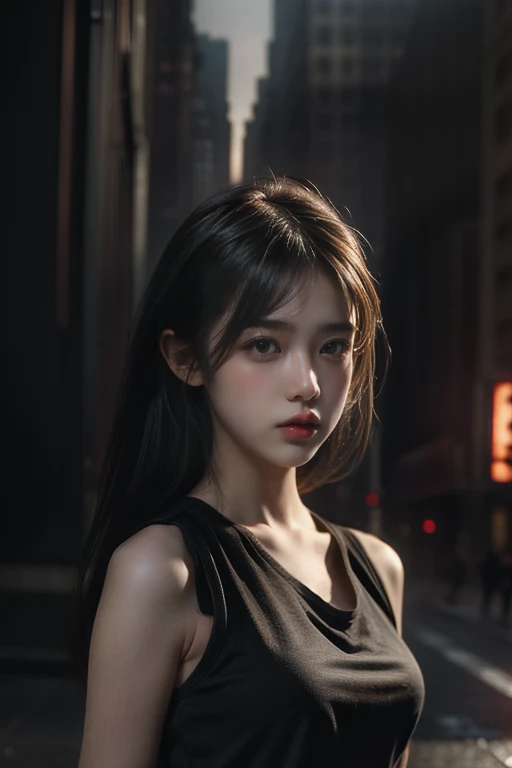 1girl, (looking at viewer:1.2), detail face,  (a girl standing, rending on cgsociety, black shadows, streaming, new york backdrop), romanticism, atmospheric, (RAW photo, best quality), (realistic, photo-realistic:1.3), masterpiece, an extremely delicate and beautiful, extremely detailed,