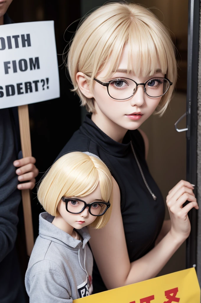 Short hair blonde doll with glasses holding a fifty sign
