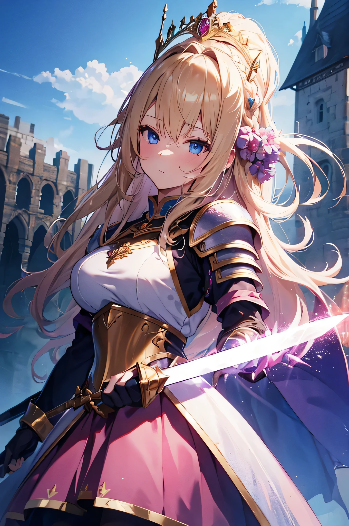 4K,High resolution,One Woman,Blonde,long hair,Braid,Blue Eyes,Big Breasts,Princess Knight,pink princess dress,Pink knight armor,Sideboob,Full Armor,Heavy Armor,Princess Tiara,Jewelry decoration,Gold decoration,Holy Sword,Medieval castle town