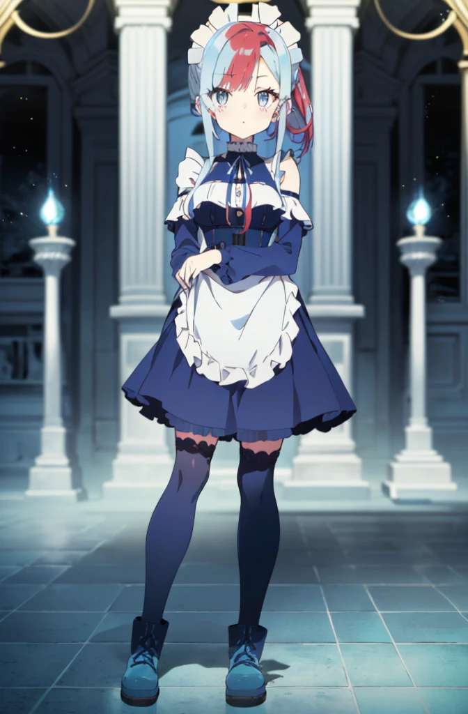 [(cathedral background:1.4)::5],original,(illustration:1.1),(best quality),(masterpiece:1.1),(extremely detailed CG unity 8k wallpaper:1.1), (colorful:0.9),(mid shot:0.95),(full body:1.5),Dynamic angle,(solo:1.2), (girl),((adult)), (detailed beautiful eyes:1.15), (beautiful face:1.15), (glowing red eyes:1.25////),((medium hair)),((split-color hair , red hair , light blue hair)),(high twintails),(chignon),(+perfect hand+:1.21),(Draw an illustration of a gothic girl),(Religious),(slender),(is wearing boots on her feet),((is wearing white maid clothes)),(furious), Lace Off-shoulder lolita fashion,beautiful slender woman,high twintails,full body,mini skirt,((split-color hair , red hair , light blue hair)),((split-color hair , red hair , light blue hair)),((split-color hair , red hair , light blue hair)),((split-color hair , red hair , light blue hair)),