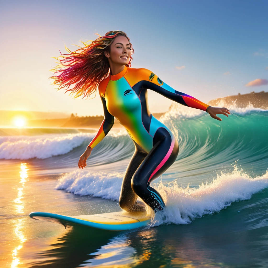 A hyperrealistic image of a female surfing, dynamic pose, she is wearing a surf suit in bright colors, the sun is setting in the sky, very vibrant colors, her hair is wet and in strands, multicolor highlights, 3D high quality