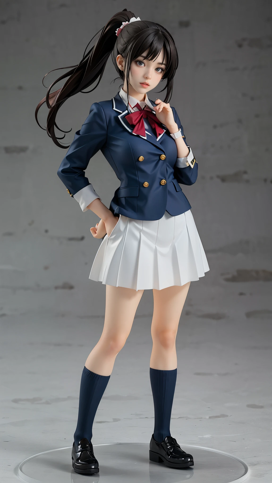 A realistic, high-detailed, full-body render of an anime-style girl ,She has long black hair tied in a high ponytail, expressive blue eyes,The background is a neutral, slightly textured grey,((hight school uniform))、Stuffed rabbit