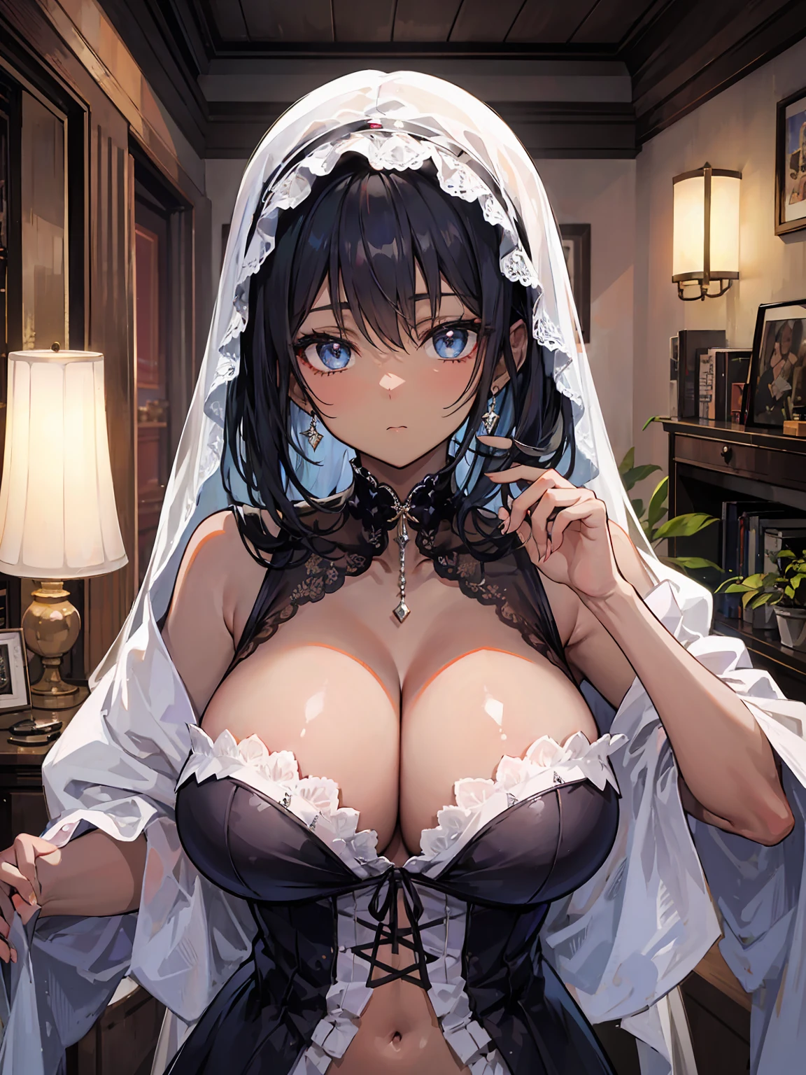 1woman, looking at viewer, cleavage in frame, luscious eyes, ((dark skin)), large breasts