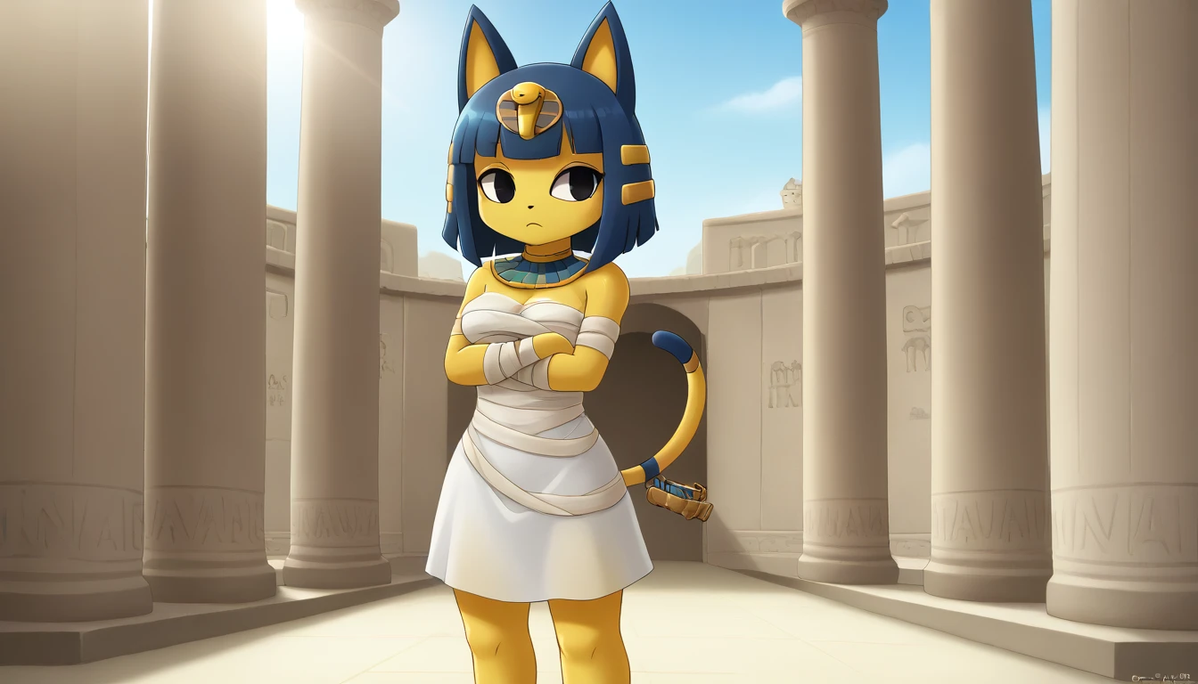 1girl，Artist Name，Egyptian cat，Blue Hair，skin，Keep your mouth shut，Wear，whole body，solo，Standing，猫Tail，Keep your mouth shut，Wear，Looking at the audience,Animal Crossing Furry, Blue Hair, Hair accessories, 黄skin, black eyes, White Dress, Tail, Egyptian Pyramids，mummy，Sunlight，sunny，(masterpiece), ((best quality), Detailed background, masterpiece, best quality, high quality, absurd, The award-winning, professional, Very detailed