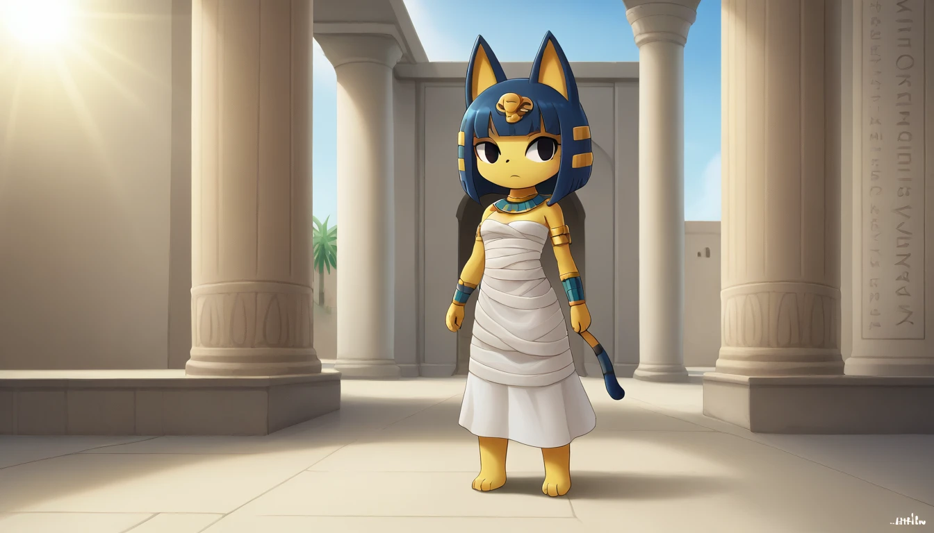 1girl，Artist Name，Egyptian cat，Blue Hair，skin，Keep your mouth shut，Wear，whole body，solo，Standing，猫Tail，Keep your mouth shut，Wear，Looking at the audience,Animal Crossing Furry, Blue Hair, Hair accessories, 黄skin, black eyes, White Dress, Tail, Egyptian Pyramids，mummy，Sunlight，sunny，(masterpiece), ((best quality), Detailed background, masterpiece, best quality, high quality, absurd, The award-winning, professional, Very detailed