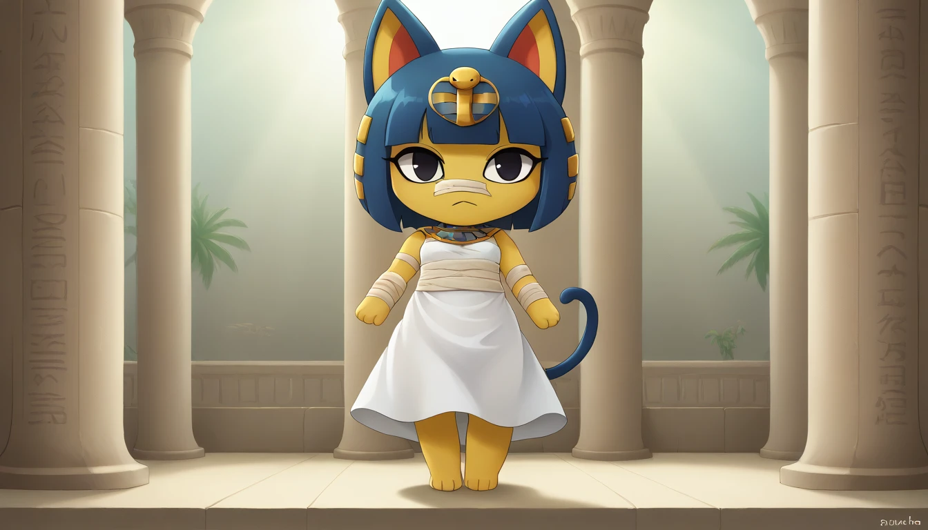 1girl，Artist Name，Egyptian cat，Blue Hair，skin，Keep your mouth shut，Wear，whole body，solo，Standing，猫Tail，Keep your mouth shut，Wear，Looking at the audience,Animal Crossing Furry, Blue Hair, Hair accessories, 黄skin, black eyes, White Dress, Tail, Egyptian Pyramids，mummy，Sunlight，sunny，(masterpiece), ((best quality), Detailed background, masterpiece, best quality, high quality, absurd, The award-winning, professional, Very detailed