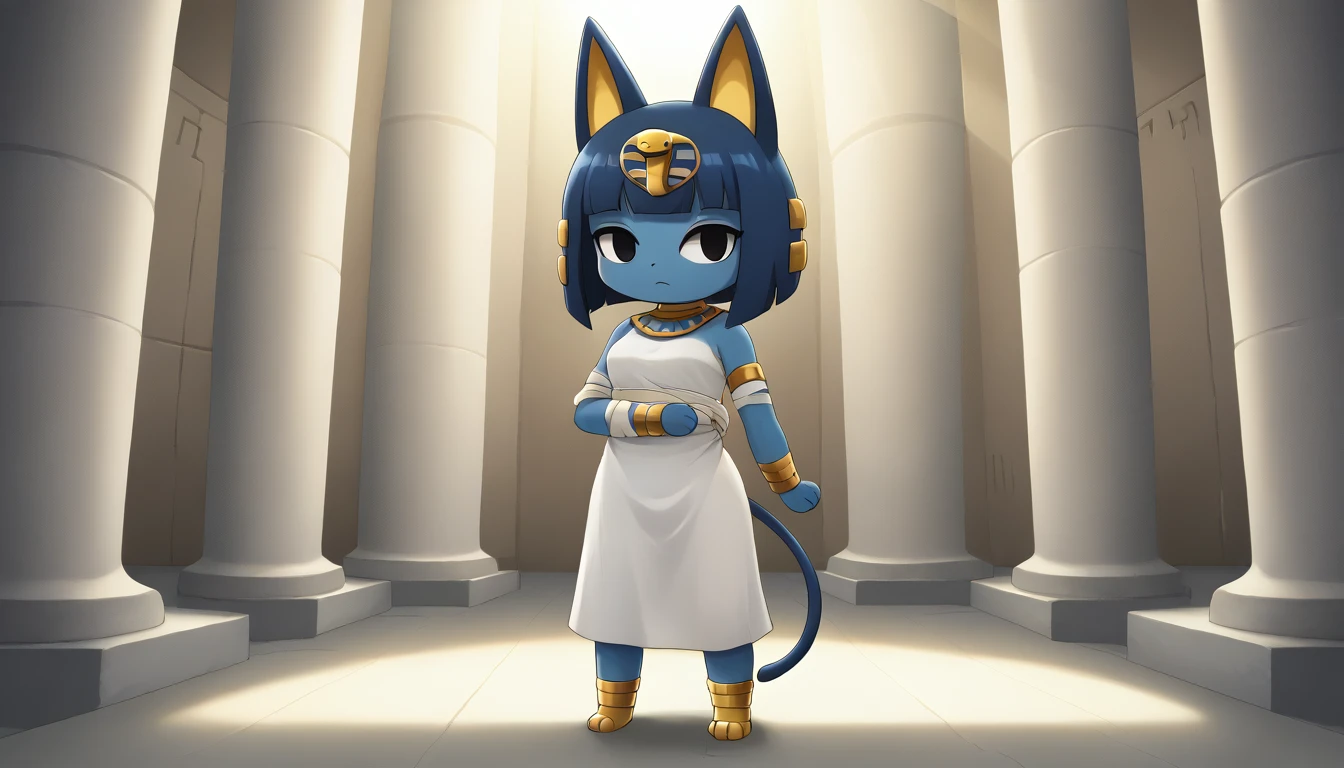 1girl，Artist Name，Egyptian cat，Blue Hair，skin，Keep your mouth shut，Wear，whole body，solo，Standing，猫Tail，Keep your mouth shut，Wear，Looking at the audience,Animal Crossing Furry, Blue Hair, Hair accessories, 黄skin, black eyes, White Dress, Tail, Egyptian Pyramids，mummy，Sunlight，sunny，(masterpiece), ((best quality), Detailed background, masterpiece, best quality, high quality, absurd, The award-winning, professional, Very detailed