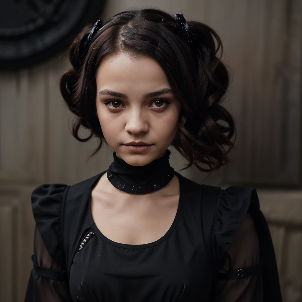 Arafed woman with braids and a black dress with a white collar., wednesday addams, as wednesday addams, school girl in gothic dress, portrait of cute gothic girl, with black pigtails, 1 7 - year - old gothic girl, gothic girl, portrait of a sinister girl, gothic girl de ensueño, gothic girl vestida de negro 