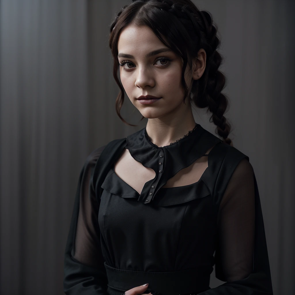 Arafed woman with braids and a black dress with a white collar., wednesday addams,  Wednesday Addams, school girl in gothic dress, portrait of cute gothic girl, with black pigtails, 1 7 -  - old hic girl, gothic girl, portrait of a sinister girl, gothic girl de ensueño, gothic girl vestida de negro, Wednesday Addams 