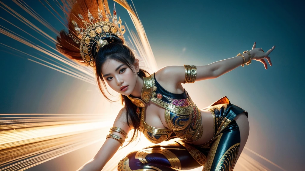 A futuristic Indonesian style outfit worn by a big breasted girl representing cultural fusion and modern fashion.. The costume is adorned with intricate patterns and vibrant colors. The girl is in a dynamic pose., with his detailed eyes. The suit has a great neckline on the chest, The material of the suit is a combination of traditional textiles and futuristic synthetic fabrics., giving it a unique and avant-garde appearance. The overall image quality is of the highest level., with sharp focus and ultra-detailed rendering. The artwork employs physically based rendering techniques., resulting in realistic lighting and shadows. The colors are bright and vibrant., Capturing the essence of Asian cultural aesthetics, futuristic design.