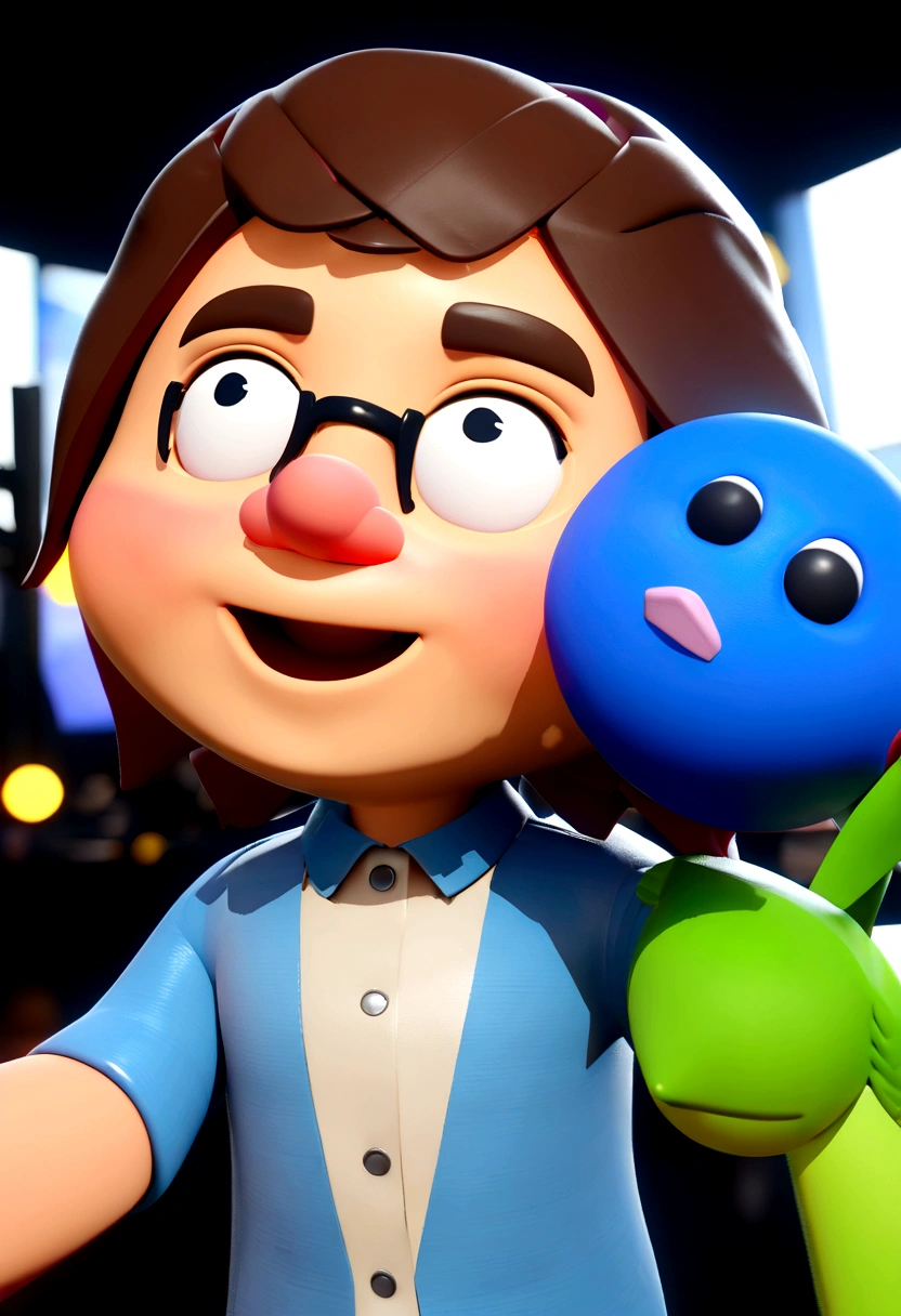 Cartoon character of a man in black glasses and blue shirt, an animated character, stylized character, animation style rendering, 3d stylized, Arnold Maya rendering, Stylized 3D rendering, toon render screenshot, 3d character, 3d character, Stylized 3D rendering, 3D character rendering, cartoon character, Personagem de close up, character posing, (Pixar-style) (master part:1.2) (bokeh) (best qualityer) (skin detailed) (detailed texture) (8K) (Argilla) (cinematic lighting) (sharp focus,Sit down and lift your upper body