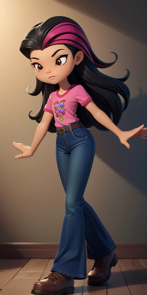 8k, high quality, masterpiece quality, good lighting, excellent coloring, masterpiece, best quality, Juniper lee, asian american, 1girl, perfect face, brown eyes, dark hair, long hair, dark hair with a pink stripe, green shirt with pink dragonfly, blue jeans(Wide flares on jeans:1.2), brown shoes, perfect anatomy, perfect eyes, high-quality eyes,
