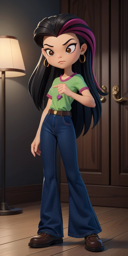 8k, high quality, masterpiece quality, good lighting, excellent coloring, masterpiece, best quality, Juniper lee, asian american, 1girl, perfect face, brown eyes, dark hair, long hair, dark hair with a pink stripe, green shirt with pink dragonfly, blue jeans(Wide flares on jeans:1.2), brown shoes, perfect anatomy, perfect eyes, high-quality eyes,
