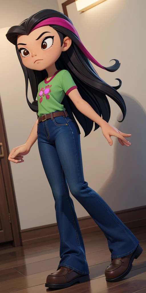 8k, high quality, masterpiece quality, good lighting, excellent coloring, masterpiece, best quality, Juniper lee, asian american, 1girl, perfect face, brown eyes, dark hair, long hair, dark hair with a pink stripe, green shirt with pink dragonfly, blue jeans(Wide flares on jeans:1.2), brown shoes, perfect anatomy, perfect eyes, high-quality eyes,
