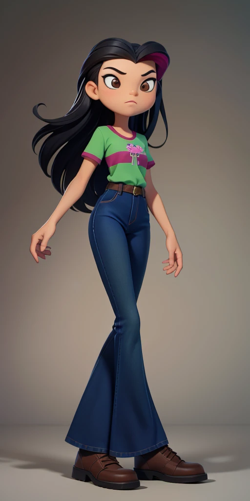 8k, high quality, masterpiece quality, good lighting, excellent coloring, masterpiece, best quality, Juniper lee, asian american, 1girl, perfect face, brown eyes, dark hair, long hair, dark hair with a pink stripe, green shirt with pink dragonfly, blue jeans(Wide flares on jeans:1.2), brown shoes, perfect anatomy, perfect eyes, high-quality eyes,
