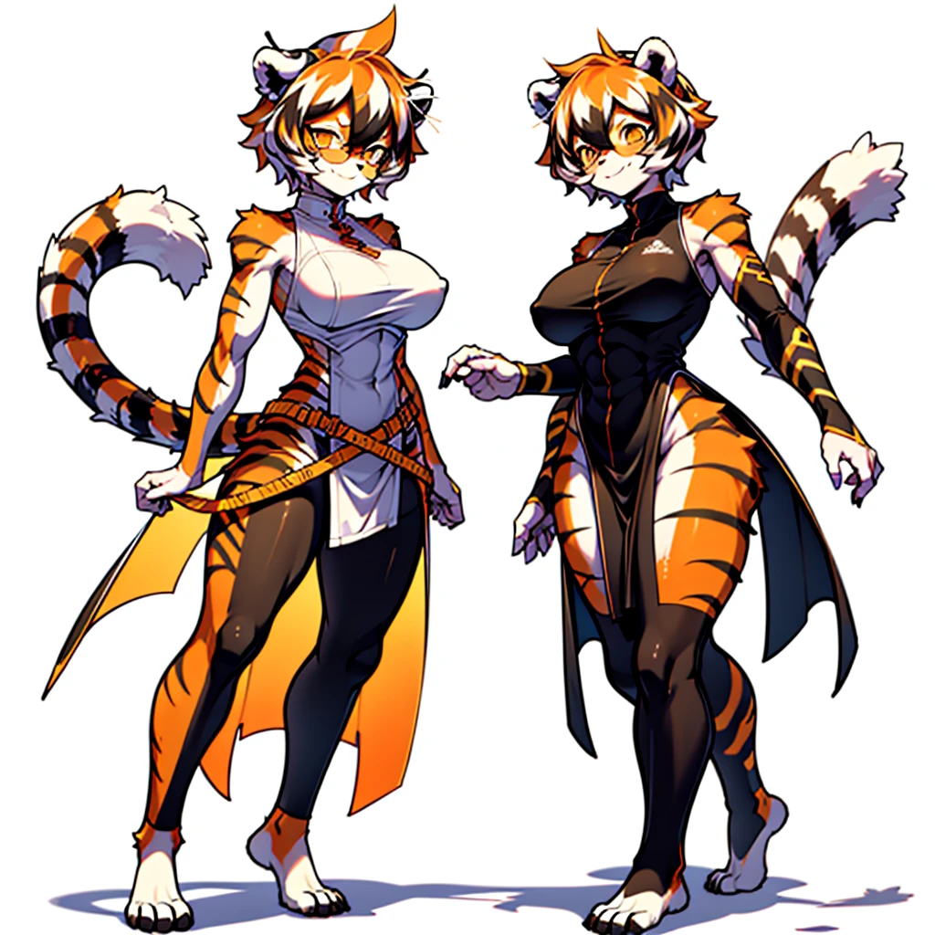 white background, full body, ((2girls,furry)), Standing ，animal ears, arknights, white hair, black hair, round eyewear, glasses, OPPEIN, short hair, large breasts, muscle, tail, orange eyes, orange hair, multicolored hair, tiger girl, furry female, hair between eyes, tiger_ears, tiger_tail, orange-tinted_eyewear, tinted_eyewear, Sophorae, big breasts, evil smile, Shadows under feet, Abdominal muscles, (((Hooker outfit:1.2)))