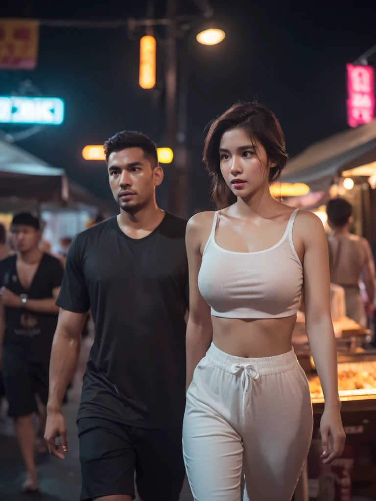 a beautiful, pale-skinned, big-breasted girl walking with her dark-skinned boyfriend at a night market, detailed face and body, hyperrealistic, incredibly detailed, 8k, photorealistic, cinematic lighting, dramatic colors, moody atmosphere