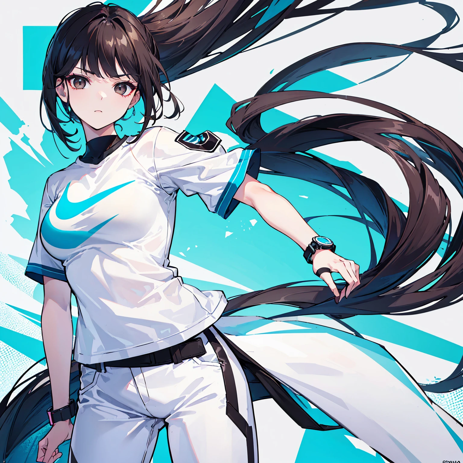 Cool hot girl, fitted body, black hair, dark brown eyes,Cyan and white Nike style sport shirt, sport watch, white pants, hot and cool, 21 years old. 