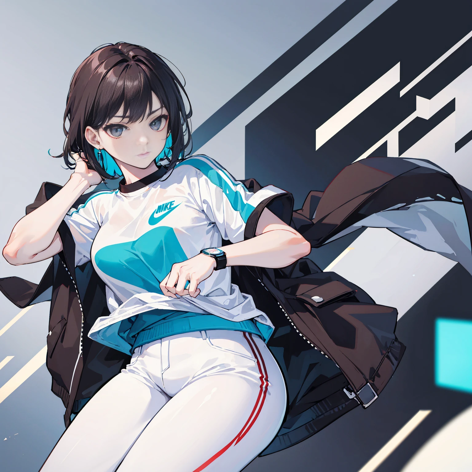 Cool hot girl, fitted body, black hair, dark brown eyes,Cyan and white Nike style sport shirt, sport watch, white pants, hot and cool, 21 years old. 