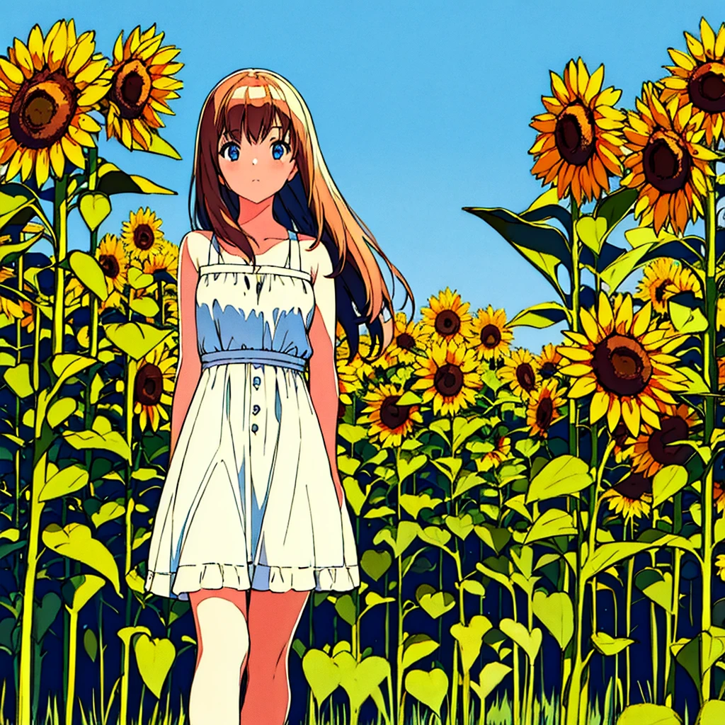 Plain background, girl in , simple, summer, nostalgic, sunflower