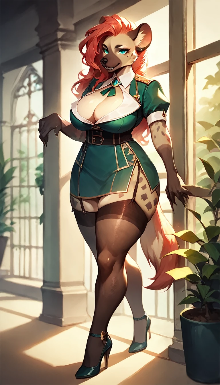 score_9, score_8_up, score_7_up, score_6_up, score_5_up, score_4_up, (solo), female anthro hyena, , skirt, high heels, lusty, fluffy body, long blond hair, turquoise eyes, (thick thighs:1.5)((( offering the breasts))) sex partial clothes, (((cleavage))) semi-butonned uniform niform, (barely_visible_booba) (she is standing) , giant breasts, garter belt tights