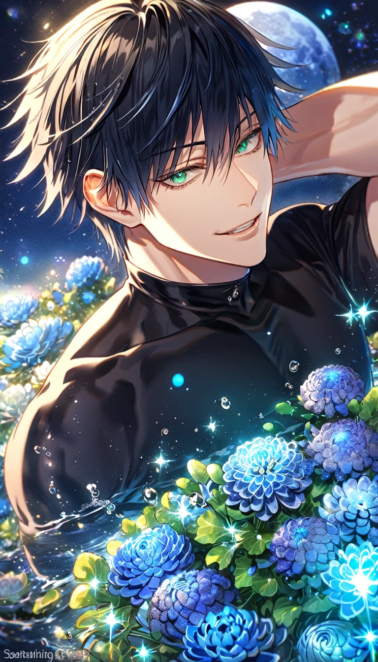 absurdres, highres, ultra detailed, HDR, master piece, best quality, extremely detailed, Fushiguro Touji, black straight hair, expressive green eyes, Jujutsu Kaisen, solo, sexy man, handsome, handsome smile, black tight T-shirt, fantasy, water, sparkling, blue glittering fireflies, blue moon, blue blossoms, blue chrysanthemums, blue sparkling lights, starry sky
