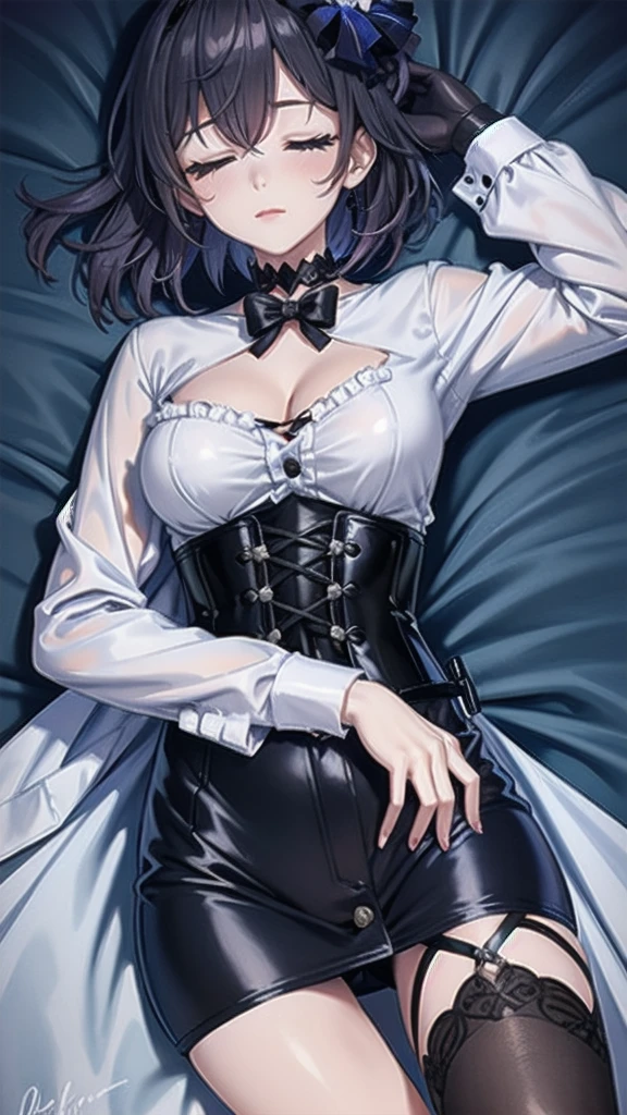 Masterpiece, Beautiful art, professional artist, 8k, Very detailed face, Detailed clothing, detailed fabric, 1 girl, Soul Fullness \(Honkai Impact 3rd\), View from above, lying on the ground, BIG BREASTS, perfectly drawn body, sleeping expression, Closed eyes, pale skin, beautiful face, short dark blue hair, pink cheeks, choker:1.6, (white long sleeve button down shirt with white collar), black gloves, gloves that cover hands, (black leather corset), (shiny black leggings), Sensual Lips , winter night,  dark forest, Atmosphere, fog, At night