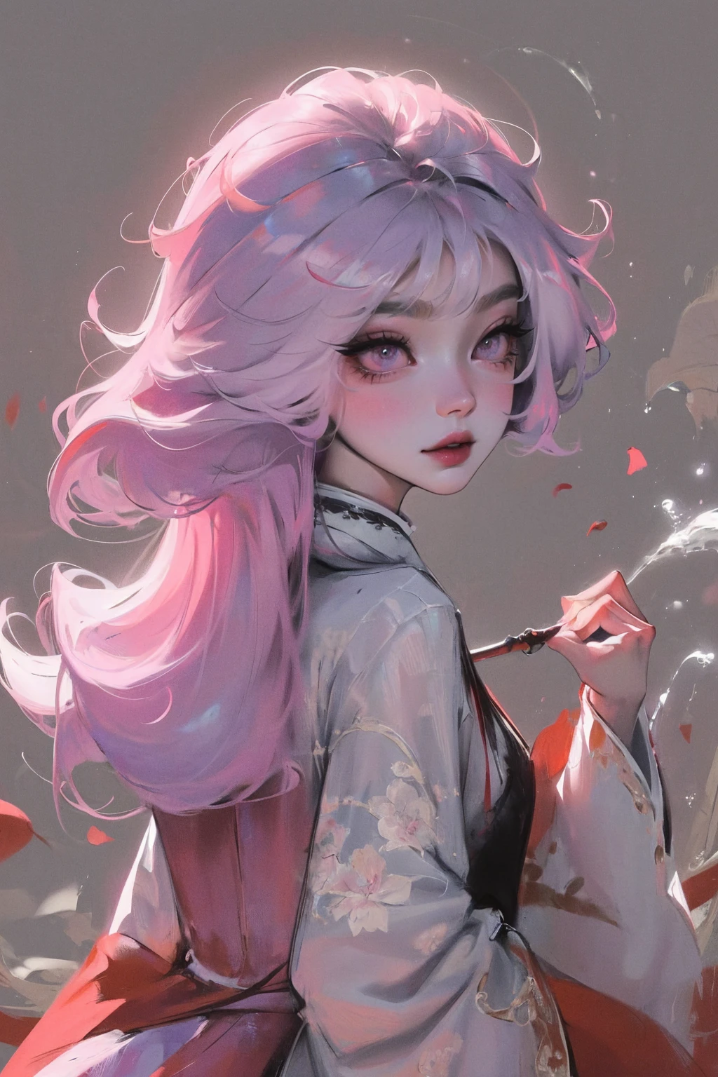 (Mythical Beast), Dynamic body shape, (Chinese Monster), Beautiful, Splattered ink, Chinese, 1 Girl, ((full body), ((2.5D)), Flowing hair,  white hair, pink eyes, beautiful eyes, Delicate eyes, Delicate silhouette, art costume, (antique black and red brocade Hanfu), floral clothing, field of view, (masterpiece), front photo, white background, (poster), sharp, splash, cloud, petal, empty, sky, look at viwer, dinamic poses, backwards, looking back