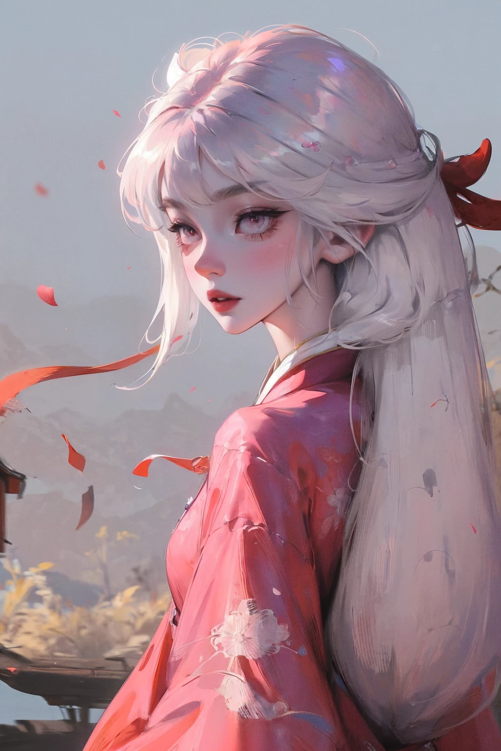 (Mythical Beast), Dynamic body shape, (Chinese Monster), Beautiful, Splattered ink, Chinese, 1 Girl, ((full body), ((2.5D)), Flowing hair,  white hair, pink eyes, beautiful eyes, Delicate eyes, Delicate silhouette, art costume, (antique black and red brocade Hanfu), floral clothing, field of view, (masterpiece), front photo, white background, (poster), sharp, splash, cloud, petal, empty, sky, look at viwer, dinamic poses, backwards, looking back