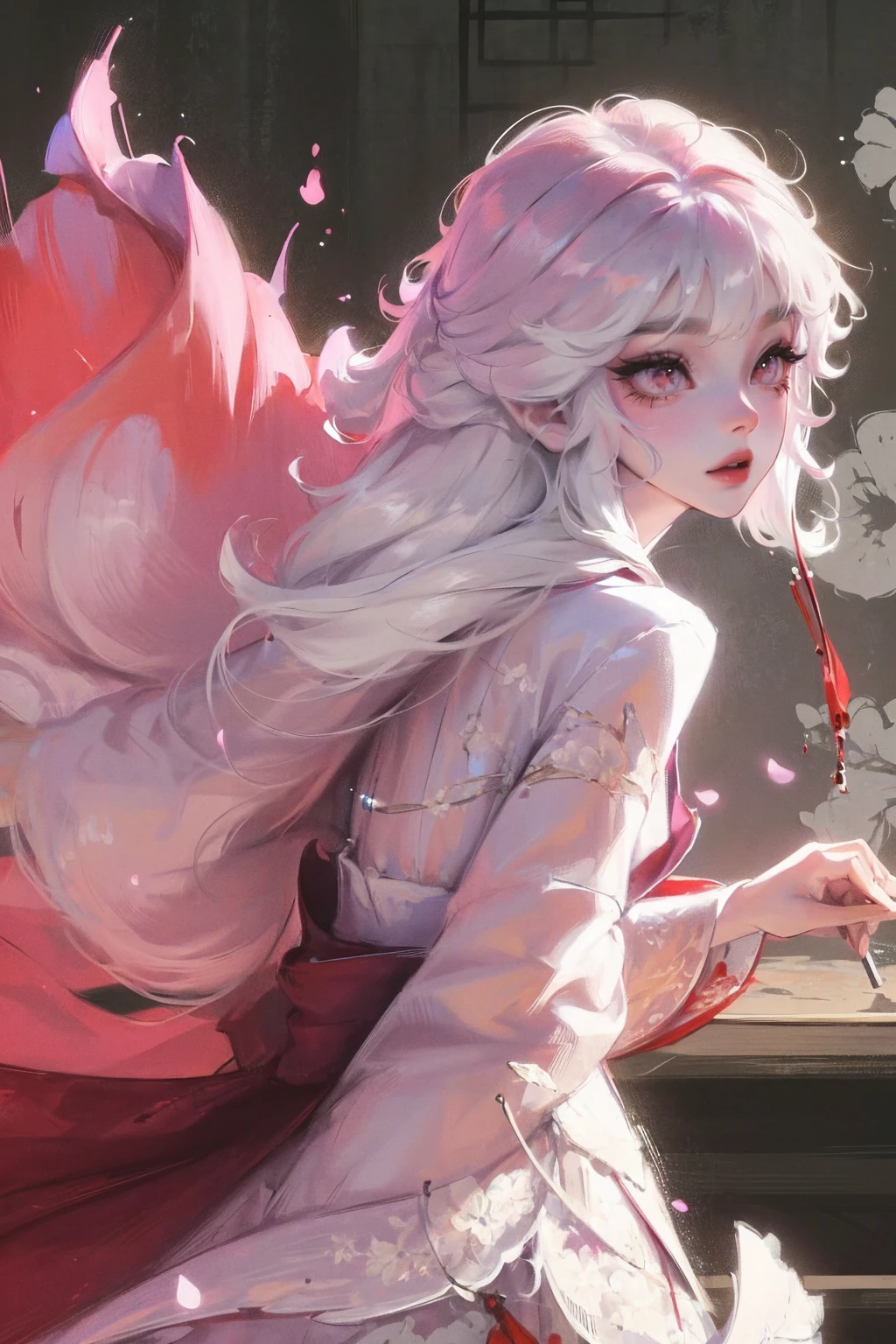 (Mythical Beast), Dynamic body shape, (Chinese Monster), Beautiful, Splattered ink, Chinese, 1 Girl, ((full body), ((2.5D)), Flowing hair,  white hair, pink eyes, beautiful eyes, Delicate eyes, Delicate silhouette, art costume, (antique black and red brocade Hanfu), floral clothing, field of view, (masterpiece), front photo, white background, (poster), sharp, splash, cloud, petal, empty, sky, look at viwer, dinamic poses, backwards, looking back
