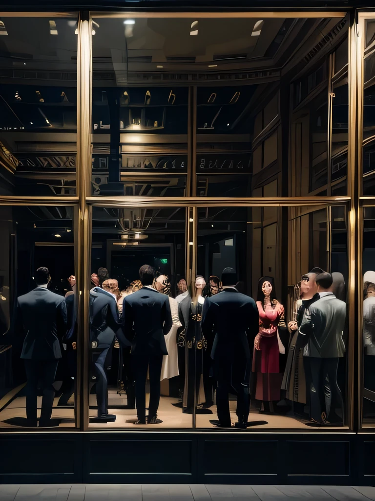 a group of men in suits and ties admiring the display window of a women's fashion store, highly detailed, extremely realistic, cinematic lighting, natural poses, photorealistic, 8k, best quality, hyper detailed, masterpiece, ultra-detailed, elegant, stylish, lavish, luxurious, opulent, sophisticated, premium, high-end, flawless, immaculate, pristine, impeccable, seamless, perfect, exquisite, magnificent, spectacular, stunning, breathtaking, awe-inspiring