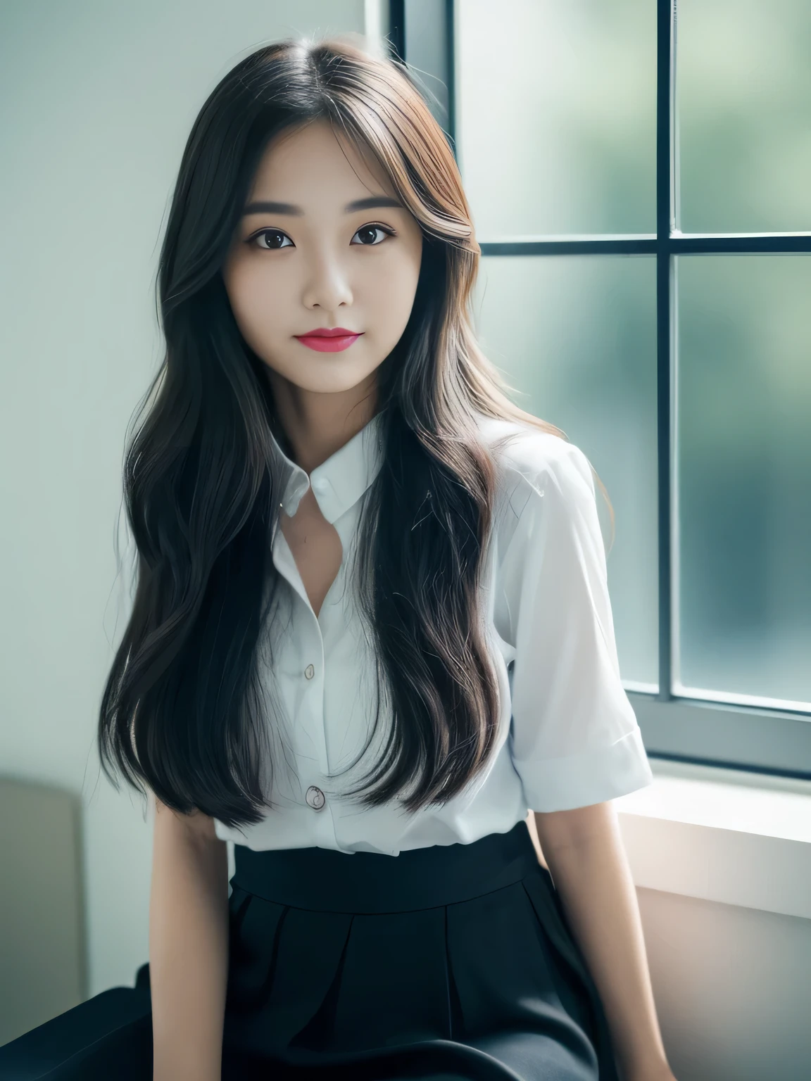 ((top-quality, 8K, masterpiece:1.3)), beautiful Girl, pure, Melon face, gentle and cute, A sweet smile, pure lust, slender figure, (The upper part of the body), (frontage), (tilted head), Look directly at the camera, Uniforms, white shirt, blue skirt, obi, Formal, Black silky long straight hair, long hair flowing over the shoulders, round black big eyes, clear big eyes, Wet red lips, Dolce, sitting on bed, Window sill background, Random body orientation,