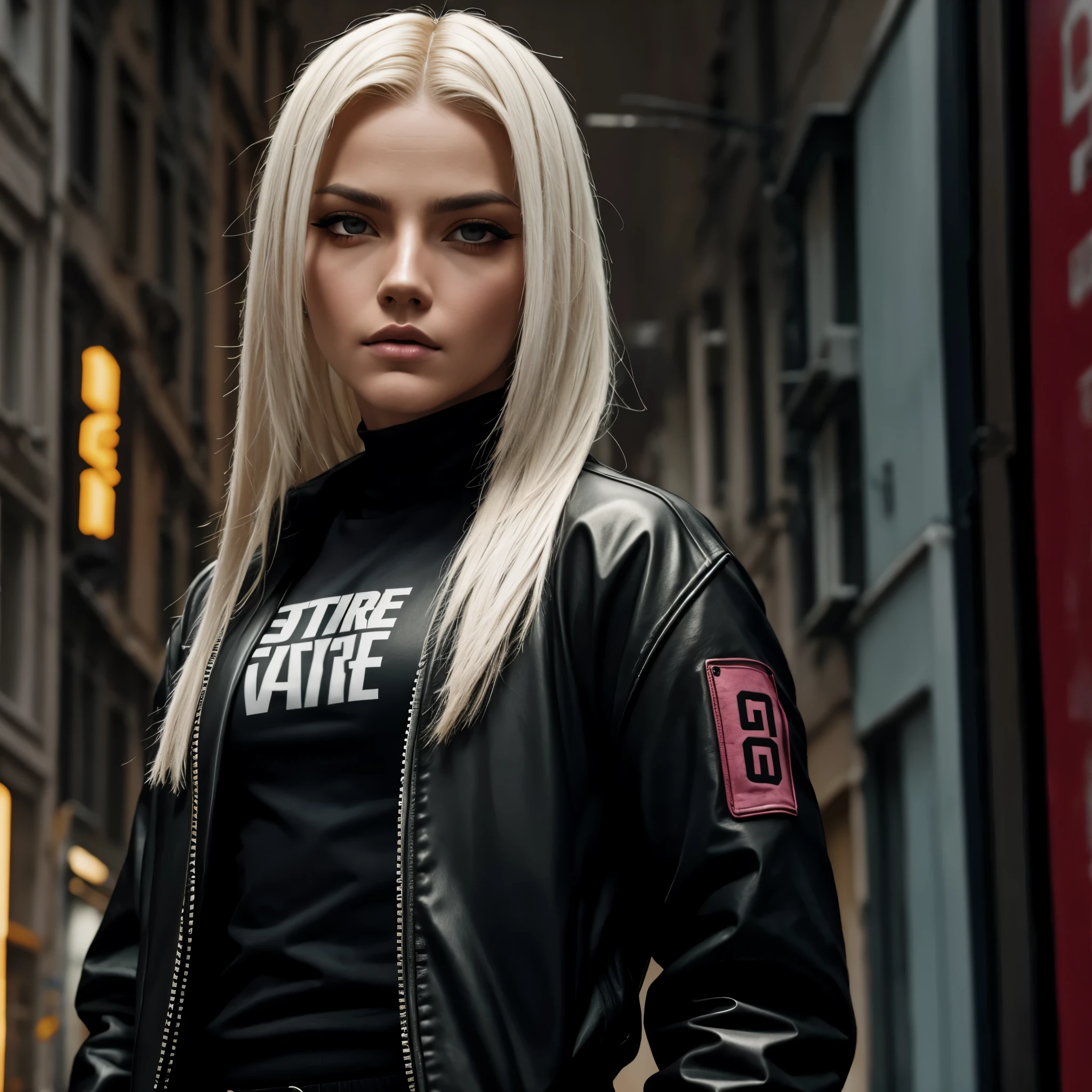 Accamary4, beautiful woman, model, Looking out of the corner of my eye, focus on his face, long platinum blonde hair, Dressed like a gang member, Estilo Grand Theft Auto, Very detailed, 8k, cinematic lighting, dramatic pose, vivid colors, sandy, grunge, dystopian, digital paint, with a pink garment