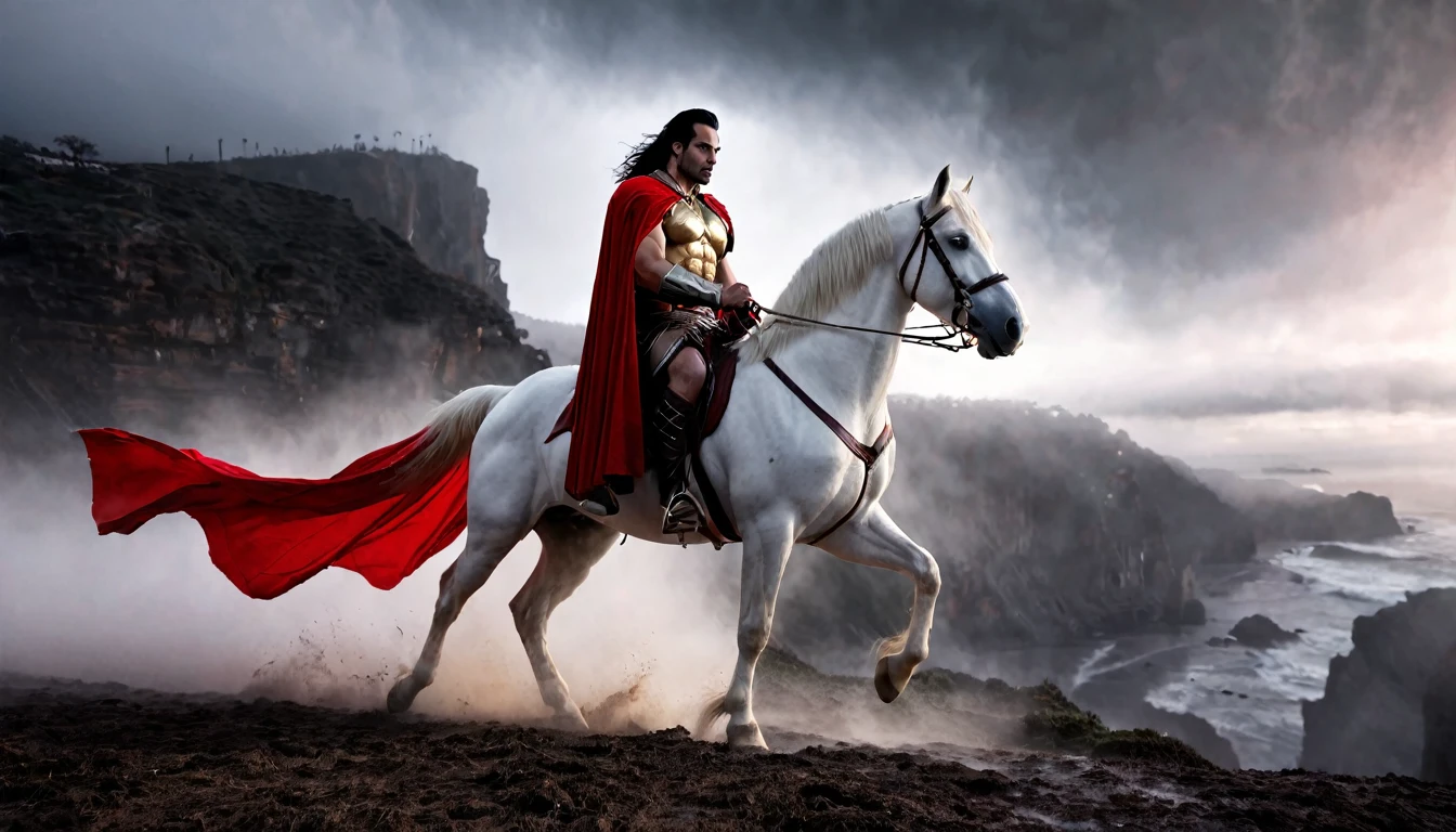 Medieval warrior man, shazam with (zachary leviar face), long black hair, (red armor), (long white cape) super muscular body on steroids, riding a beautiful white horse, black pointed cliffs in the background, red fog, dark fantasy image, ethereal atmosphere, cinematic lighting, photorealistic, (best quality, 8k, high resolution, masterpiece: 1.2), ultra detailed, realistic, photorealistic: 1.37, spectacular lighting, moody, fantasy, concept art