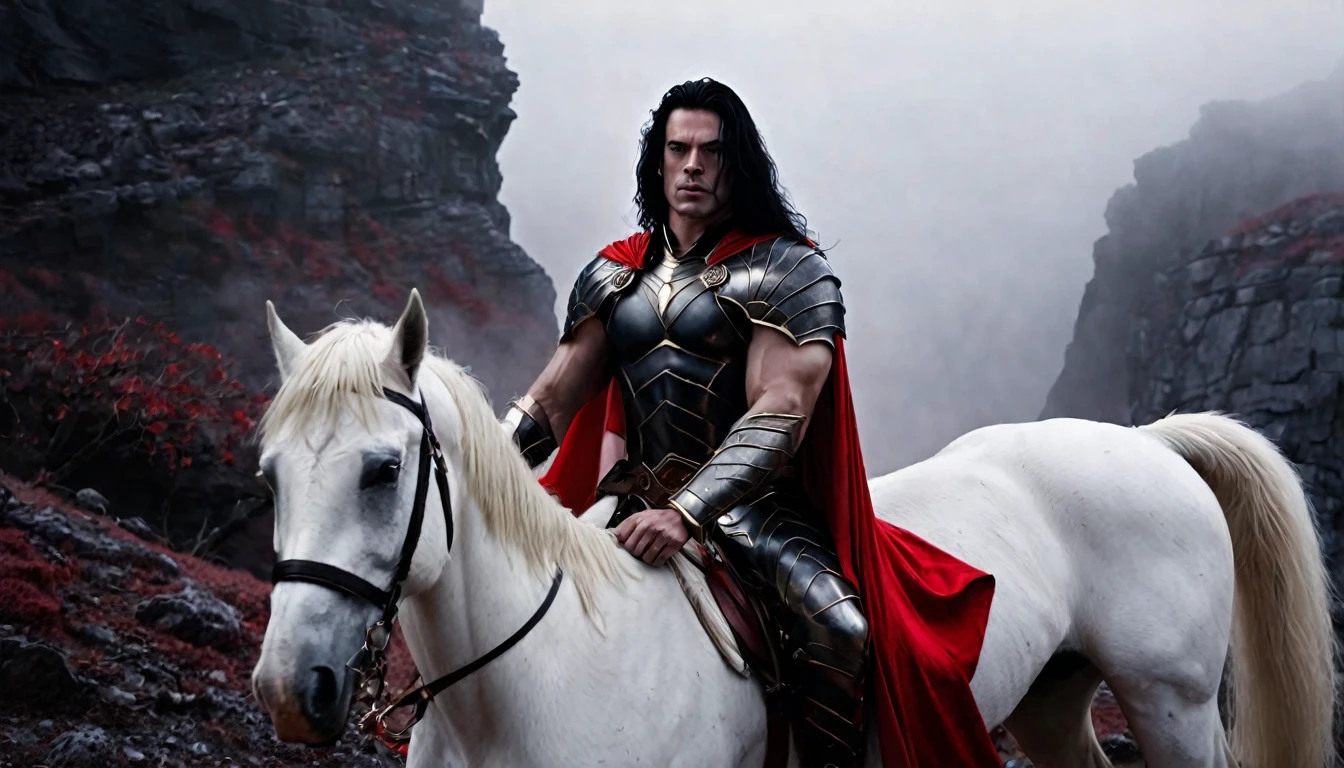 Medieval warrior man, shazam with (zachary leviar face), long black hair, (red armor), (long white cape) super muscular body on steroids, riding a beautiful white horse, black pointed cliffs in the background, red fog, dark fantasy image, ethereal atmosphere, cinematic lighting, photorealistic, (best quality, 8k, high resolution, masterpiece: 1.2), ultra detailed, realistic, photorealistic: 1.37, spectacular lighting, moody, fantasy, concept art