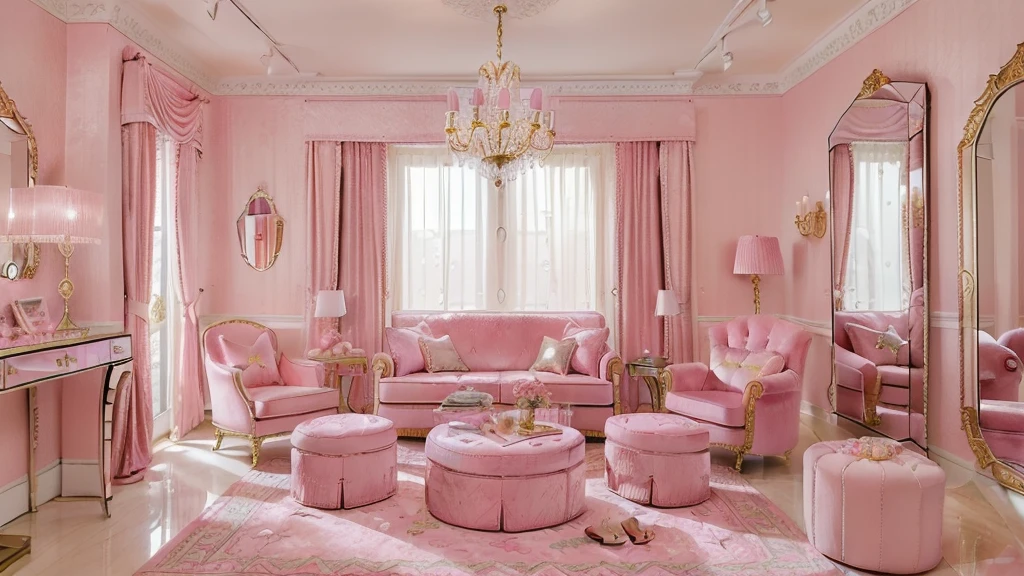 (Indoor),(super pink Barbie'sRoom:1.4),(Modern and Sophisticated Furniture:1.2),(Plush Velvet Chair and Ottoman:1.4),(Elegant Curtains and Window Treatments:1.2),(Designer clothing:1.4),(Instagrammable corner for fashion photos:1.2),(Unique Framed Statement Mirror:1.4),
(fashion runway style rug:1.2),(customized closet with trendy clothes:1.2),(glamorous dressing table:1.2),(Fashion magazines:1.2),
(Kawaii decorations:1.4),(chic light fixture:1.4),(cozy and stylish bedding:1.4),(Makeup vanity:1.4),(A dedicated area for fashion accessories:1.3),(High-end accessories:1.2),(Fashion sketches and design books:1.2),(Plenty of storage for shoes and accessories:1.2),