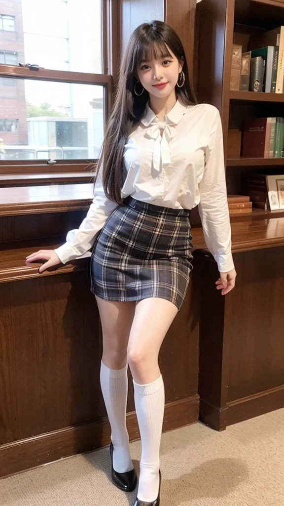 Full body shot of Lucy 20-year-old ultimate beauty、The voluptuous curves of her breasts,cute、Very beautiful face、Long bangs that cover the eyes, Nose and mouth、The most beautiful brunette hair in the world、Super long straight hair、Twin tail hairstyle, giant hoop earrings,Big beautiful sparkling light blue eyes、Beautiful white, glowing skin、Light Smile, Wearing a tie and a tartan skirt, White socks and high heels, Stand in the library