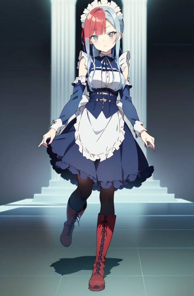 [(cathedral background:1.4)::5],original,(illustration:1.1),(best quality),(masterpiece:1.1),(extremely detailed CG unity 8k wallpaper:1.1), (colorful:0.9),(mid shot:0.95),(full body:1.5),Dynamic angle,(solo:1.2), (girl),((adult)), (detailed beautiful eyes:1.15), (beautiful face:1.15), (glowing red eyes:1.25////),((medium hair)),((split-color hair , red hair , light blue hair)),(high twintails),(chignon),(+perfect hand+:1.21),(Draw an illustration of a gothic girl),(Religious),(slender),(is wearing boots on her feet),((is wearing white maid clothes)),(furious), Lace Off-shoulder lolita fashion,beautiful slender woman,high twintails,full body,mini skirt,((split-color hair , red hair , light blue hair)),((split-color hair , red hair , light blue hair)),((split-color hair , red hair , light blue hair)),((split-color hair , red hair , light blue hair)),long boots,long boots,