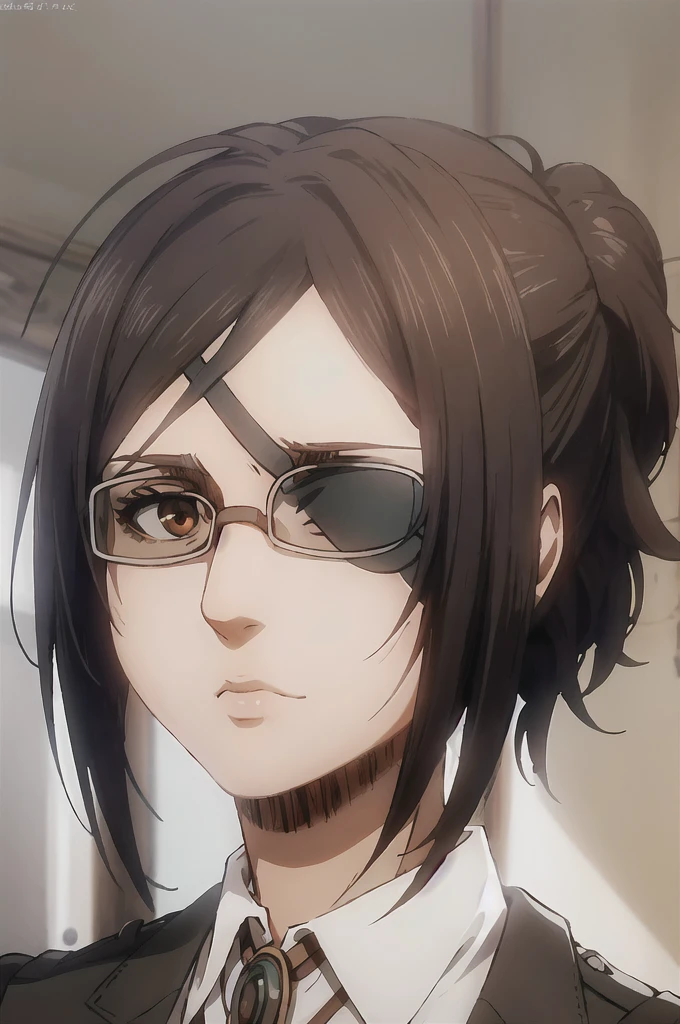 portrait of beautiful HangeAOT, 1girl, solo, black_hair, glasses, eyepatch, brown_background, volumetric lighting, best quality, masterpiece, intricate details, tonemapping, sharp focus, hyper detailed, trending on Artstation,