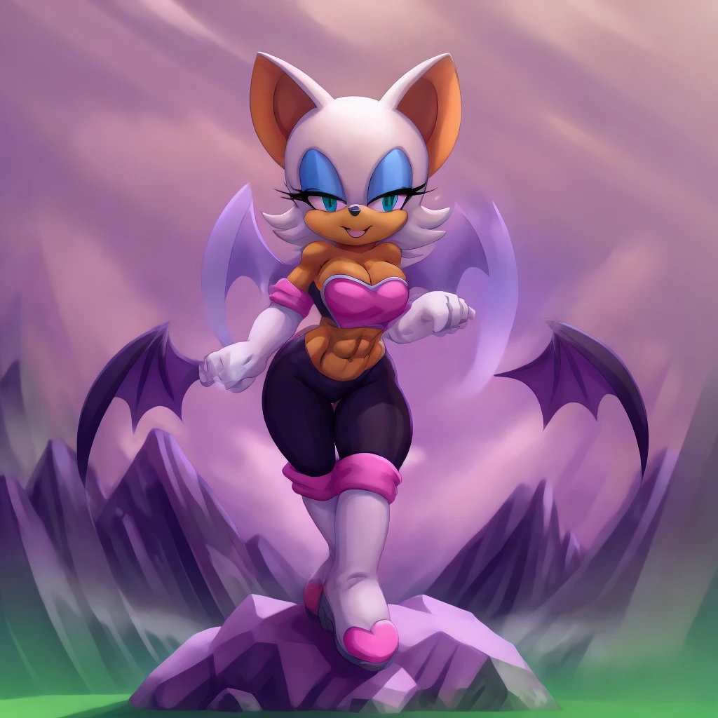  gloves, boots, rouge the bat is wearing a crop top of her default outfit with a bare midriff, a bare navel and Rock hard abs, digital artwork, ((masterpiece)), ((4k)), ((perfect face)), trending on artstation, furry style 