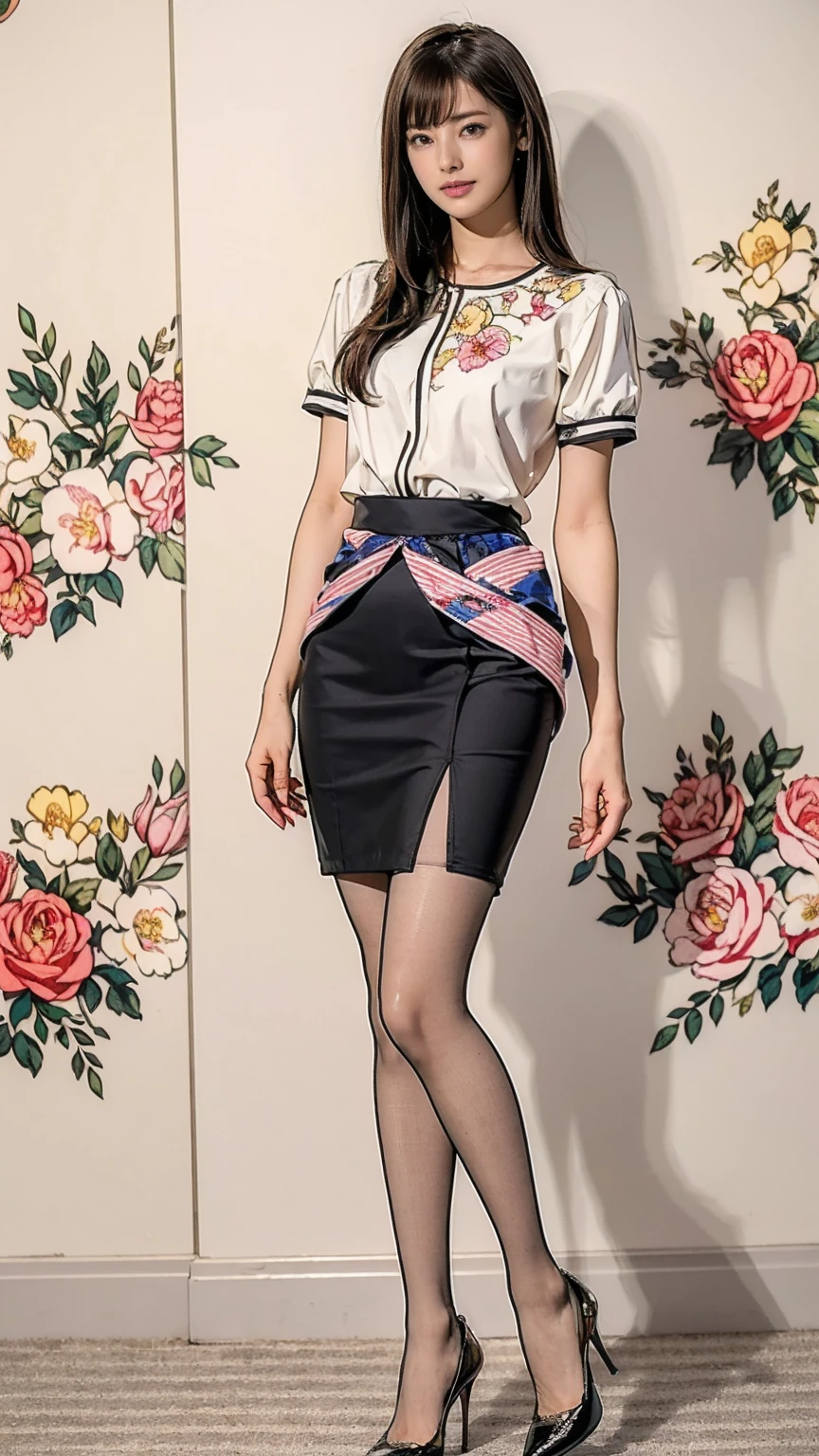 ((masterpiece)),(((Highest quality))),Thin thighs,Long legs,whole body:1.5,(One Girl:1.3),(Black pantyhose and thick pointy heels:1.3),(Wearing a mid-length flared skirt dress with a floral stripe pattern:1.2),Short blonde:1.2、Good pose:1.5