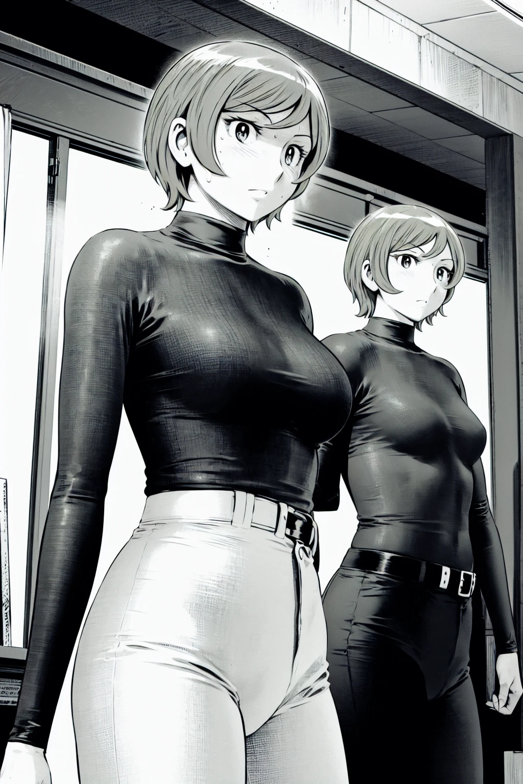 、(masterpiece、Highest quality)、Highest quality, Ultra-high resolution, (((masterpiece))), alone, Sweat、Big eyes,Tight black shirt、Tight white pants、belt、indoor、Composition from the front、（Cut the back hair short、short hair、blonde、woman）、Shortcuts、Embarrassed face、Cut your hair short、可愛いwomanの子、Big Breasts、office