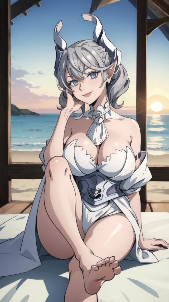 Beautiful arts wallpaper Sunset Outside castle top High level image quality best image quality 8K adult woman silver castle outside more colors whole body view portrait wearing pure white pirate dress horn ears short hair((shortcut)(gray hair)(perm)(fluffy)) eye color is blue , , attractive evil face , smile , beach , labrynth , barefoot , teasing with her breast, , sitting with crossed legs , waves