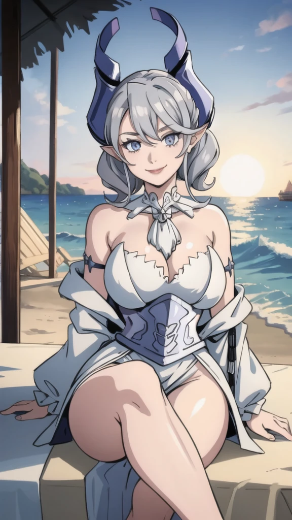 Beautiful arts wallpaper Sunset Outside castle top High level image quality best image quality 8K adult woman silver castle outside more colors whole body view portrait wearing pure white pirate dress horn ears short hair((shortcut)(gray hair)(perm)(fluffy)) eye color is blue , , attractive evil face , smile , beach , labrynth , barefoot , teasing with her breast, , sitting with crossed legs , waves