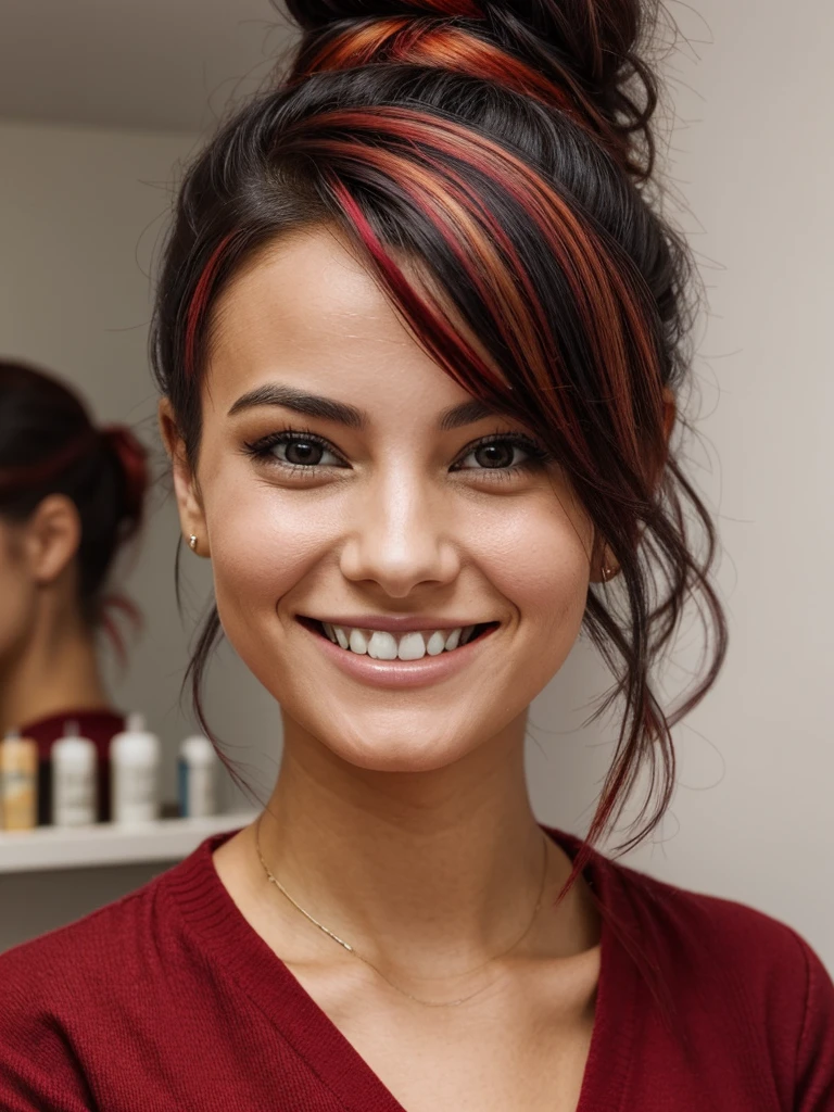 Unefemme de 25 ans, hairdresser with black hair and red highlights, tied in a messy bun,she smiles at the camera with a beautiful smile.