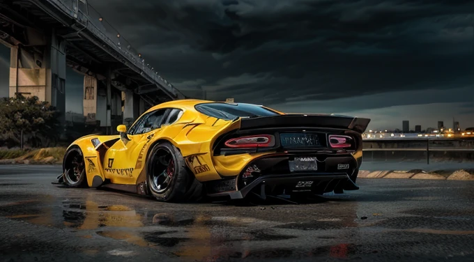 ((Dodge Viper GTS-R)), ((JonSibal design works Body Kit)), ((rear wing spoiler)), blacked out, front bumper splitters, side skirts, flared wheel arches, ((ominous looking)), (yellow racing alloy rims), ((lowered racing suspension)), high performance racing tyres, outdoors((gloomy sunset)) Wide angle lens, cgsociety, artstation, cgi, photorealistic, cinematic lighting, offset noise, ground shadows and reflections, 4k, inspired by dystopian cyberpunk, HDR studio light, {{supreme aerodynamics for maximum downforce}}, 3ds max, corona renderer, perfectly coloured, jaw dropping, sensational, menacing look, headlights on, ((parked on a bridge)), 4k wallpaper, ((dusk scene)), sunset, high spec automotive concept art, reflective ground shadows, symmetrical design, CGI, moody and atmospheric, trending on artstation, behance contest winner, cgsociety, imaginative design and craftmanship,