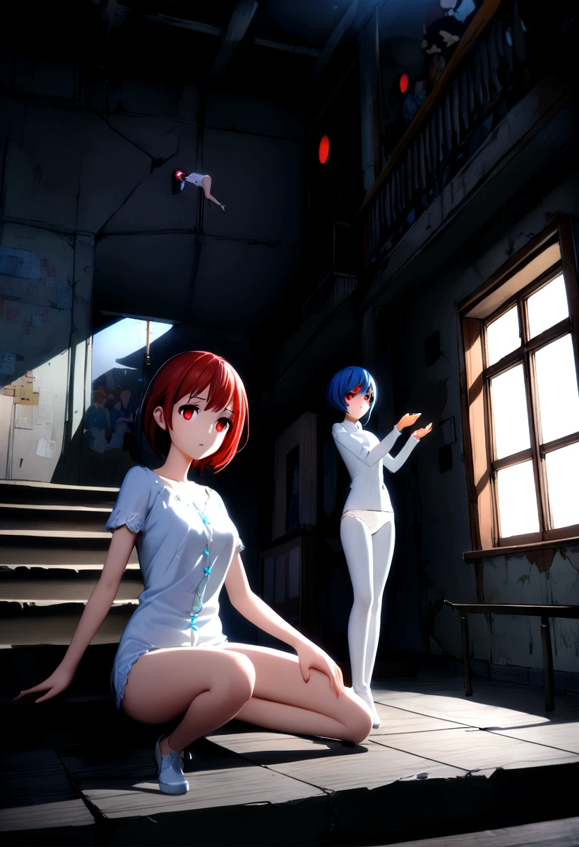 short hair, (Red eyes:1.5),Small head、 ((She is mid-length , Smooth and fits the body, Subtle blue accents)),Smattering, sitting on the steps of an abandoned concrete building in the middle of the night、 Blake looking at viewer, Blake (Pieces fly:1.2), Dim lighting、Highest quality, High resolution, unity 8k wallpaper, (figure:0.8), (Beautiful attention to detail:1.6), Highly detailed face, Perfect Sentence, Extremely detailed CG, (Perfect hands, Perfect Anatomy),((Spread your legs:1.3))((White panties)),Looking up from a distance at the stairs.、